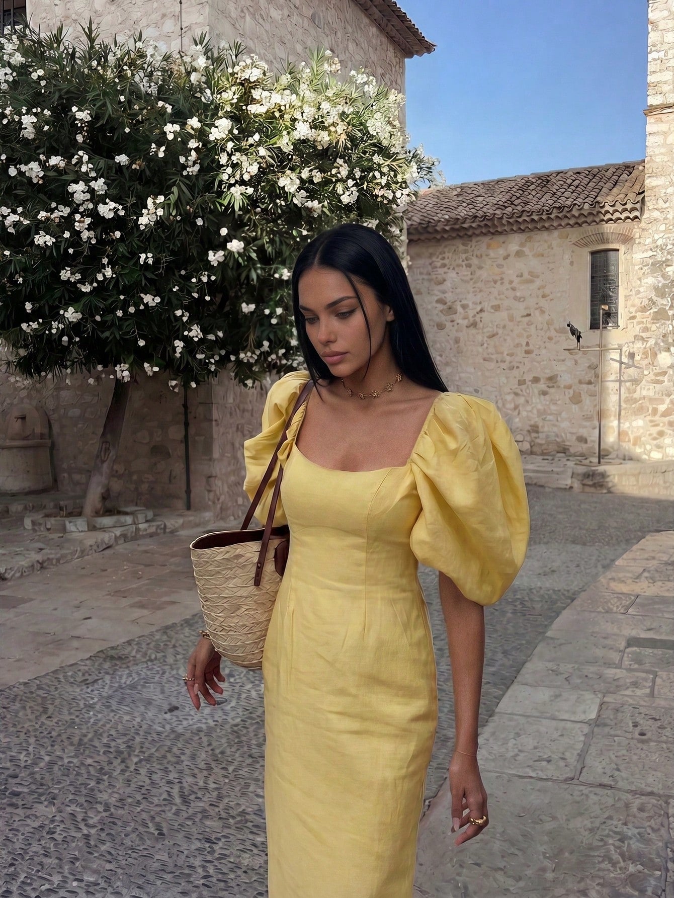 Blend Puff Sleeve Midi Dress, Square Neck Fitted Waist Casual Summer Dress Elegant