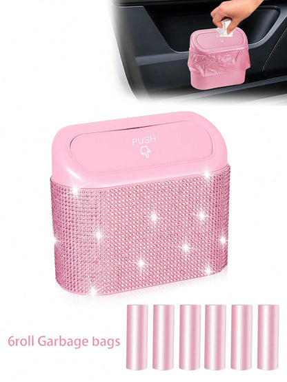 Bling Pink Car Trash Can With Lid Small Auto Door Side Hanging Garbage Bin With 6 Rolls Of Trash Bags Shiny Pink Car Garbage Container Sparkling Crystal Vehicle Dustbin For Car Front Back Seat,Home, O