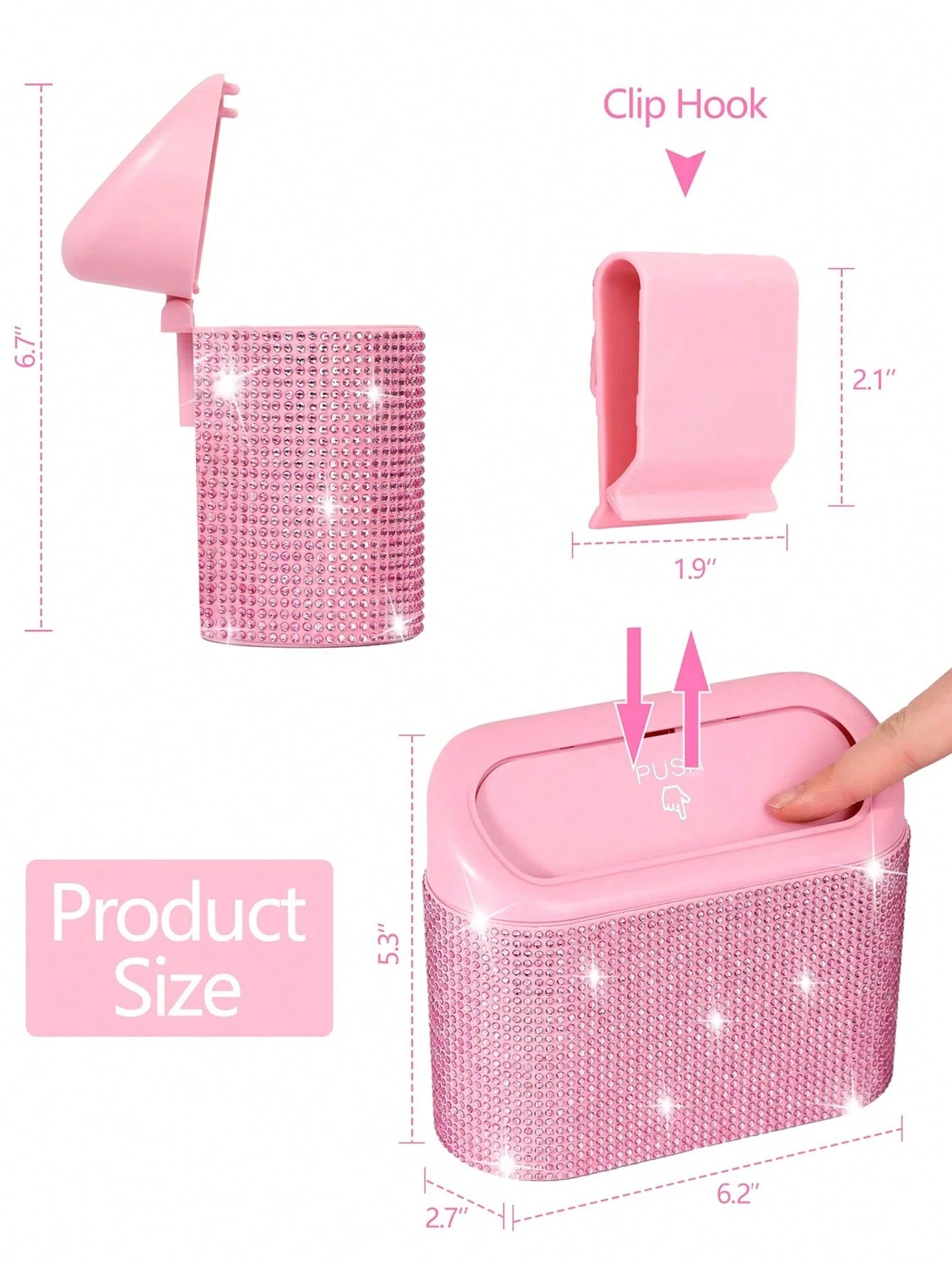 Bling Pink Car Trash Can With Lid Small Auto Door Side Hanging Garbage Bin With 6 Rolls Of Trash Bags Shiny Pink Car Garbage Container Sparkling Crystal Vehicle Dustbin For Car Front Back Seat,Home, O