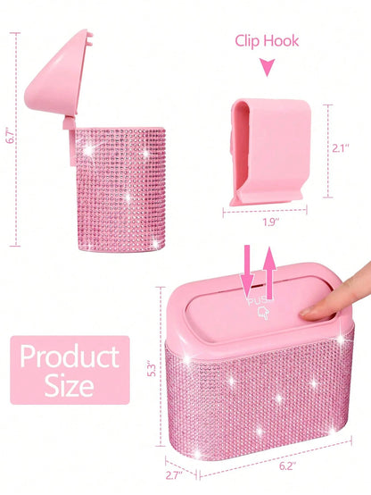 Bling Pink Car Trash Can With Lid Small Auto Door Side Hanging Garbage Bin With 6 Rolls Of Trash Bags Shiny Pink Car Garbage Container Sparkling Crystal Vehicle Dustbin For Car Front Back Seat,Home, O