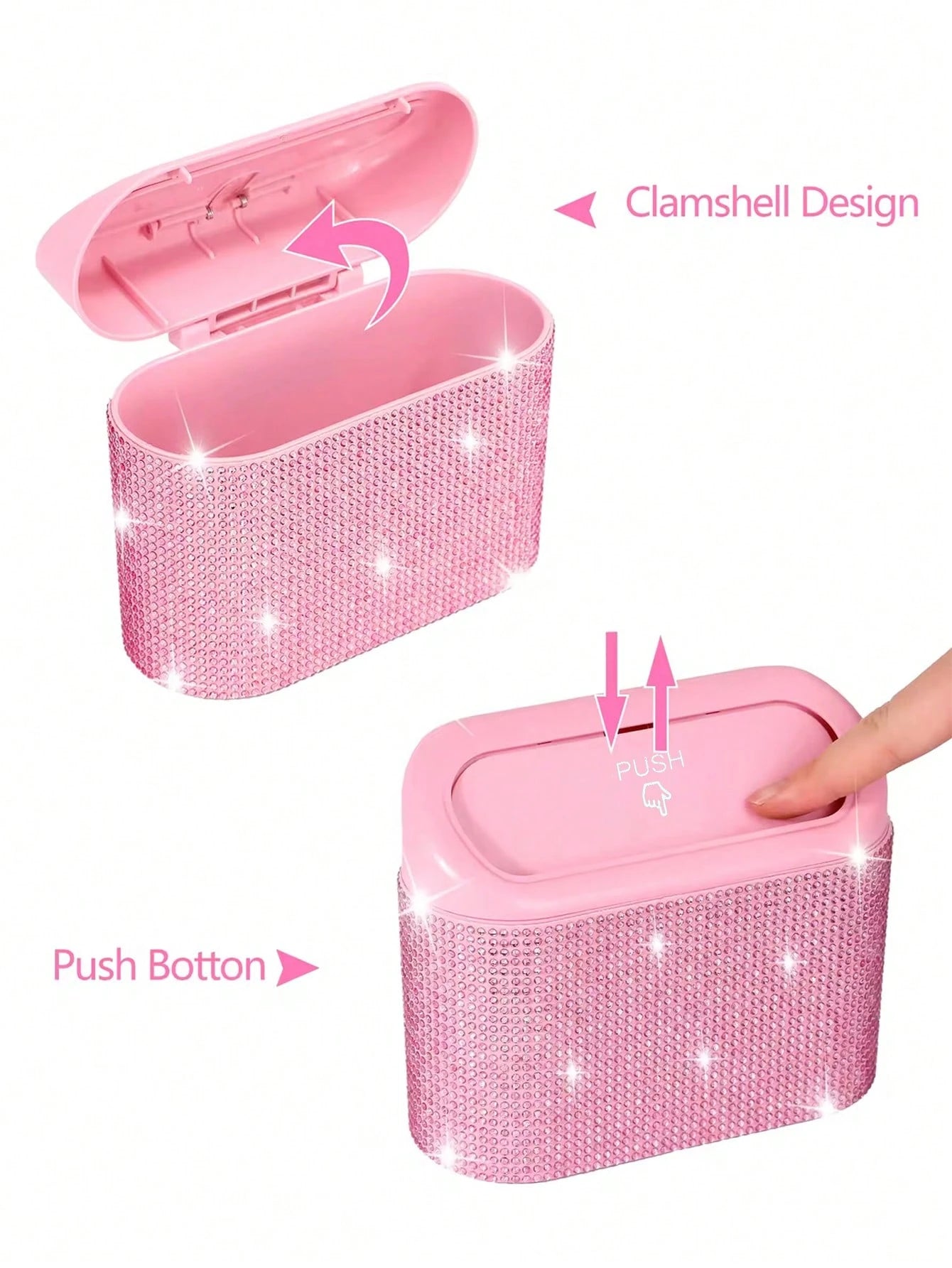 Bling Pink Car Trash Can With Lid Small Auto Door Side Hanging Garbage Bin With 6 Rolls Of Trash Bags Shiny Pink Car Garbage Container Sparkling Crystal Vehicle Dustbin For Car Front Back Seat,Home, O