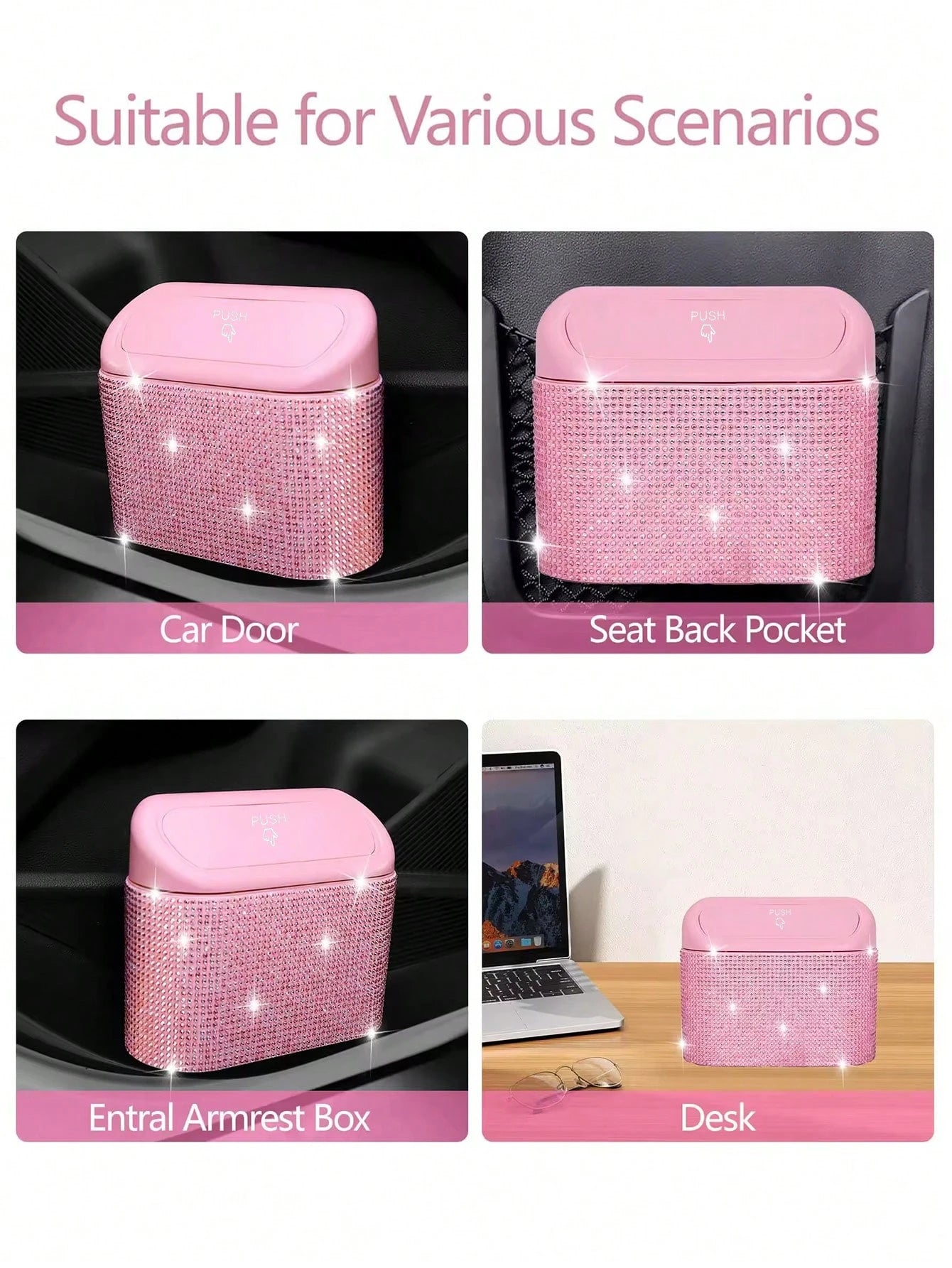 Bling Pink Car Trash Can With Lid Small Auto Door Side Hanging Garbage Bin With 6 Rolls Of Trash Bags Shiny Pink Car Garbage Container Sparkling Crystal Vehicle Dustbin For Car Front Back Seat,Home, O