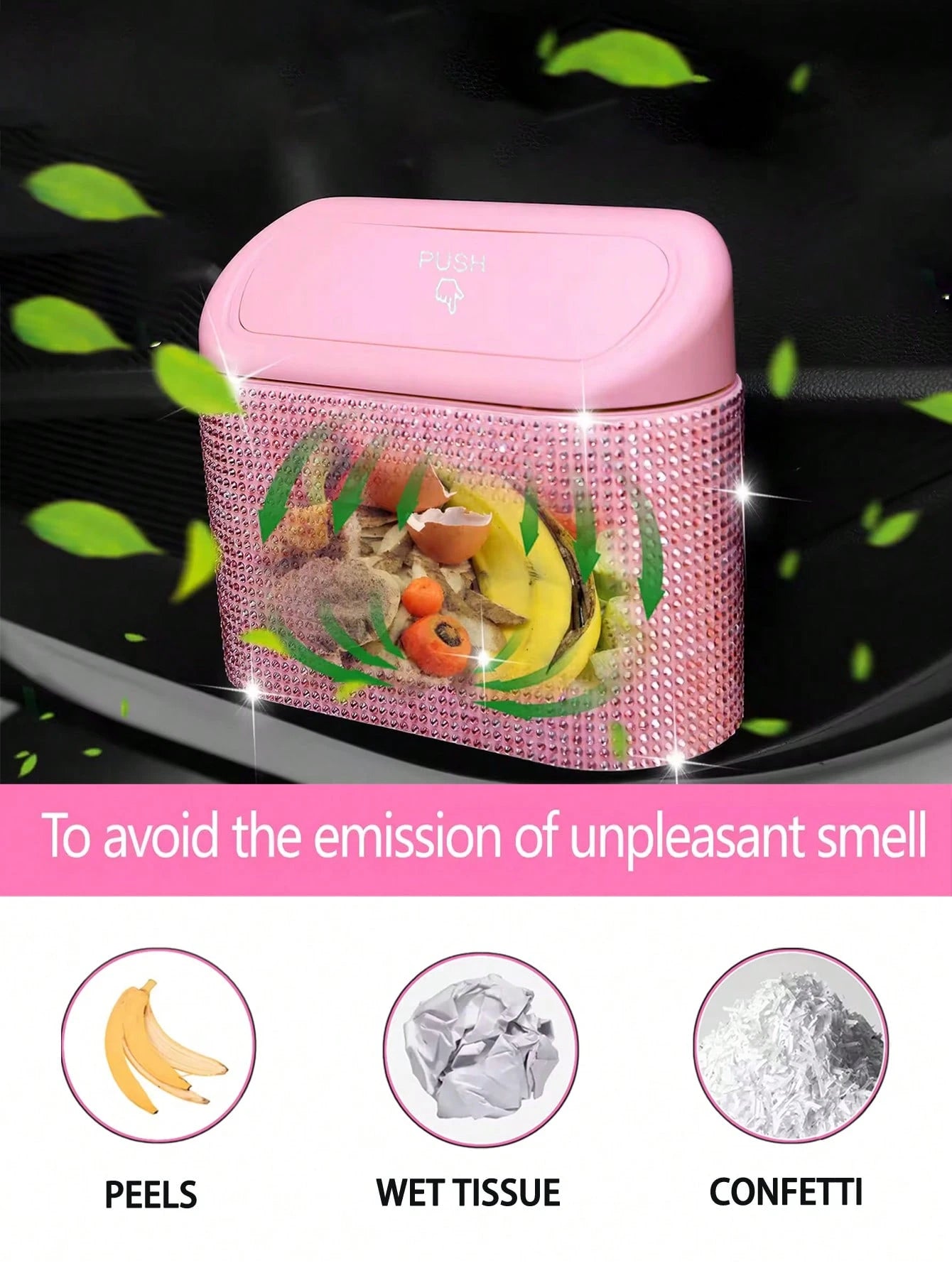 Bling Pink Car Trash Can With Lid Small Auto Door Side Hanging Garbage Bin With 6 Rolls Of Trash Bags Shiny Pink Car Garbage Container Sparkling Crystal Vehicle Dustbin For Car Front Back Seat,Home, O