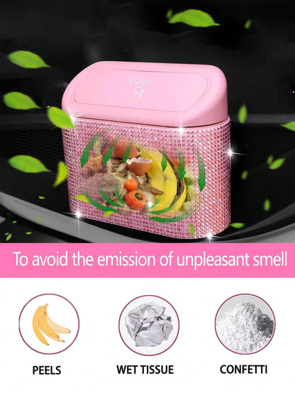 Bling Pink Car Trash Can With Lid Small Auto Door Side Hanging Garbage Bin With 6 Rolls Of Trash Bags Shiny Pink Car Garbage Container Sparkling Crystal Vehicle Dustbin For Car Front Back Seat,Home, O