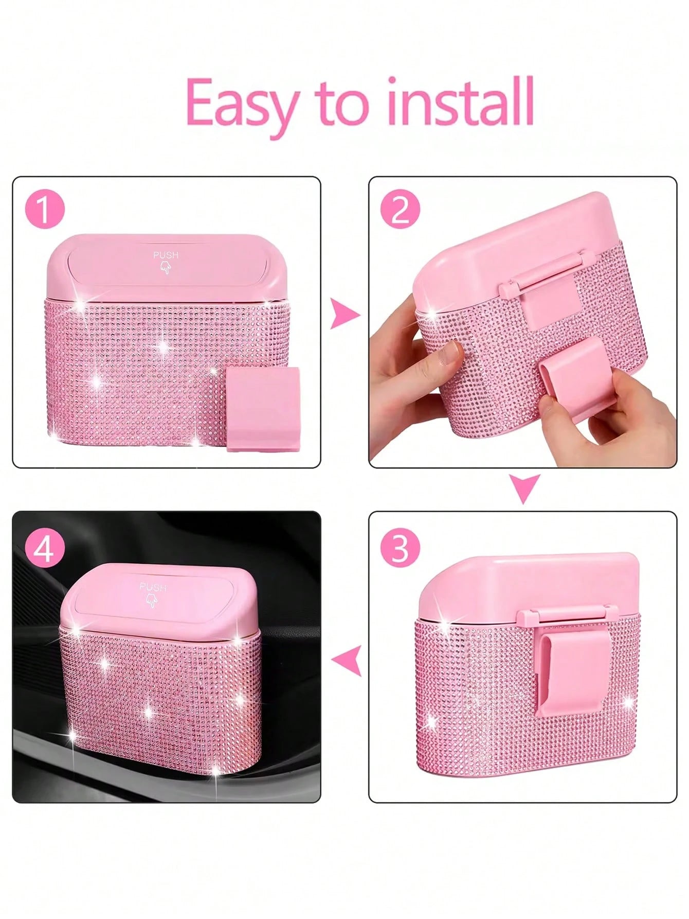 Bling Pink Car Trash Can With Lid Small Auto Door Side Hanging Garbage Bin With 6 Rolls Of Trash Bags Shiny Pink Car Garbage Container Sparkling Crystal Vehicle Dustbin For Car Front Back Seat,Home, O