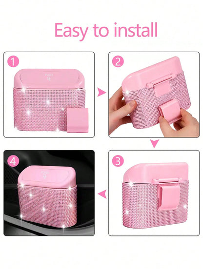 Bling Pink Car Trash Can With Lid Small Auto Door Side Hanging Garbage Bin With 6 Rolls Of Trash Bags Shiny Pink Car Garbage Container Sparkling Crystal Vehicle Dustbin For Car Front Back Seat,Home, O