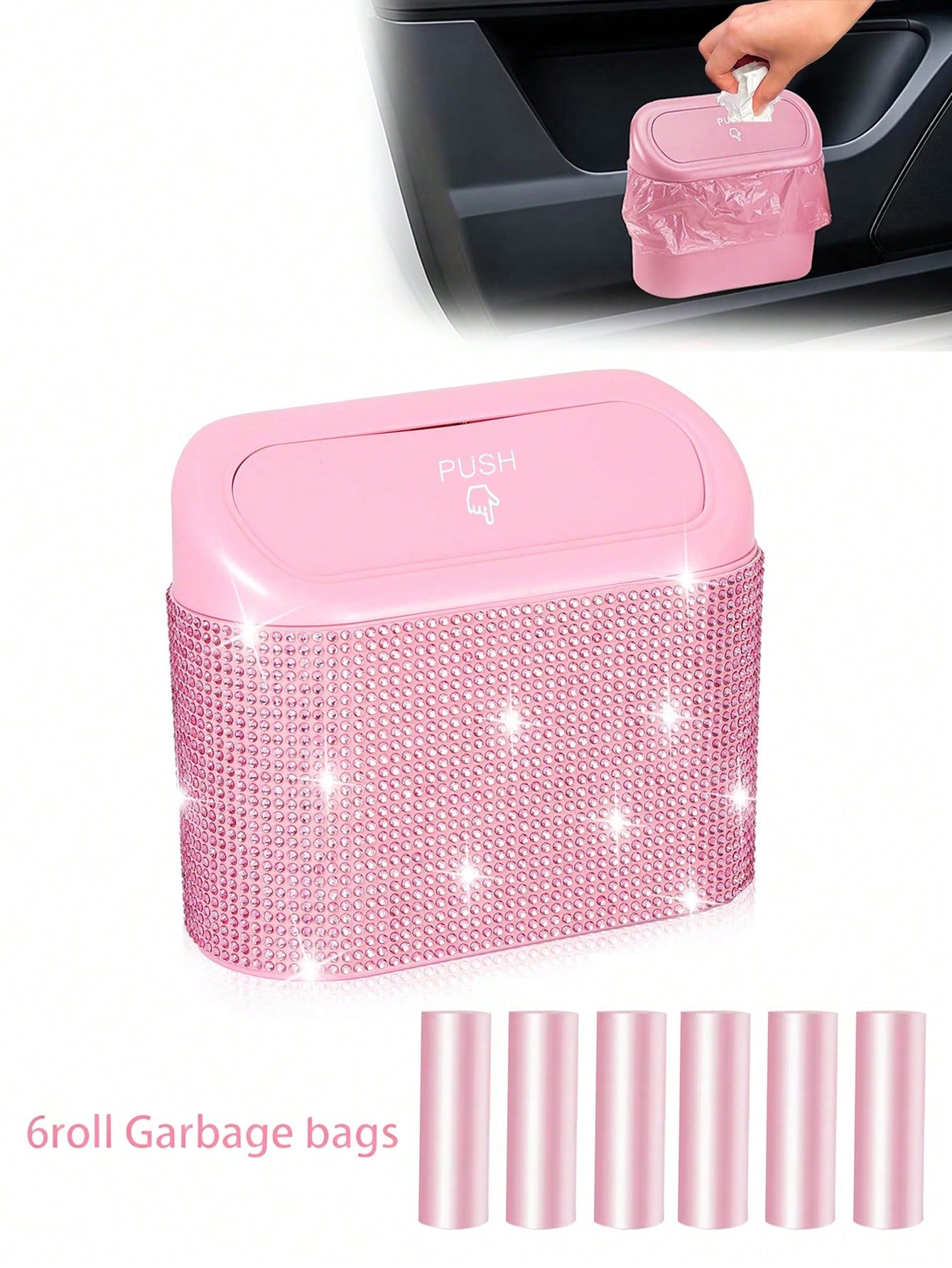 Bling Pink Car Trash Can With Lid Small Auto Door Side Hanging Garbage Bin With 6 Rolls Of Trash Bags Shiny Pink Car Garbage Container Sparkling Crystal Vehicle Dustbin For Car Front Back Seat,Home, O