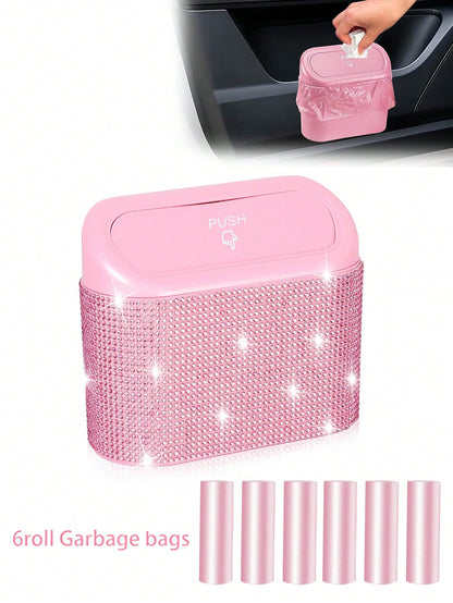 Bling Pink Car Trash Can With Lid Small Auto Door Side Hanging Garbage Bin With 6 Rolls Of Trash Bags Shiny Pink Car Garbage Container Sparkling Crystal Vehicle Dustbin For Car Front Back Seat,Home, O