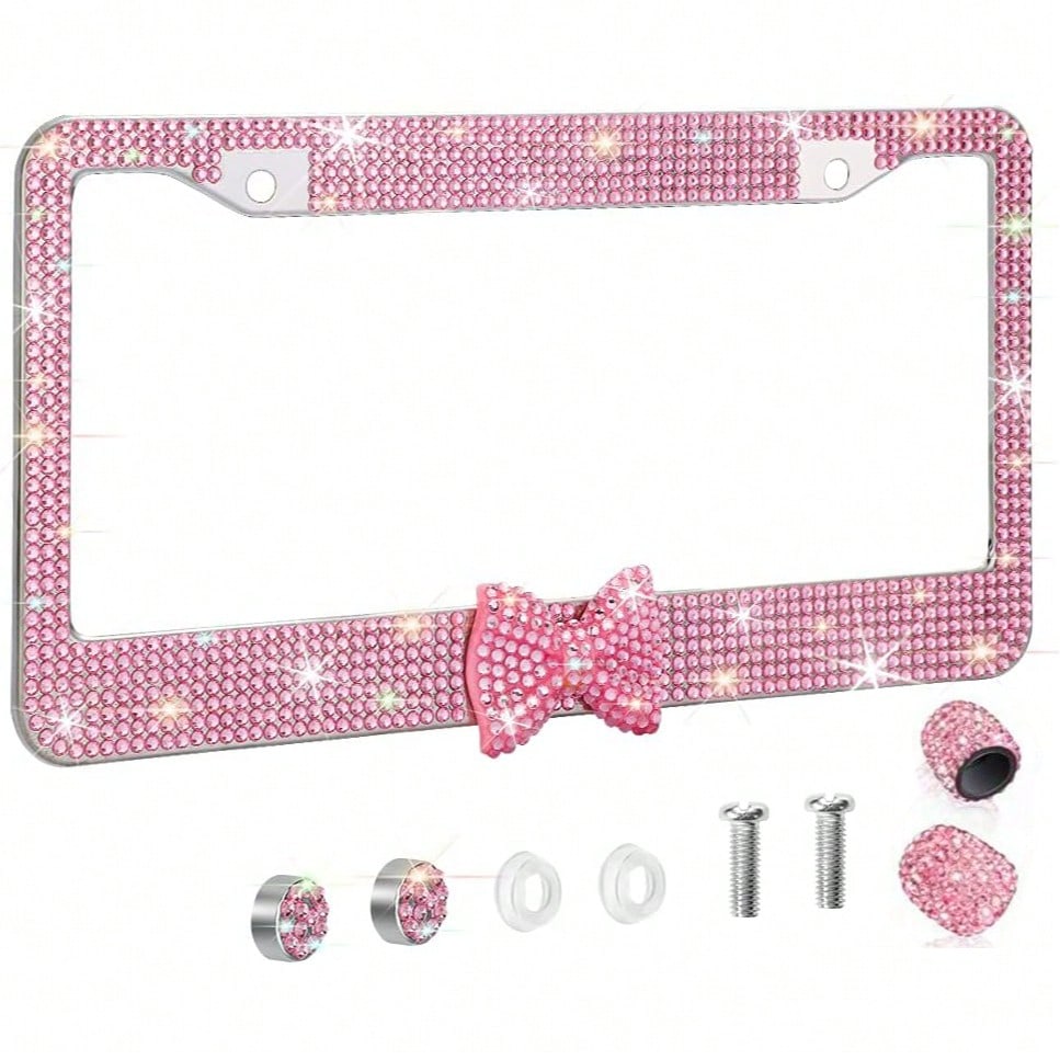 Bling Rhinestone Bowknot Car License Plate Frame, Crystal SUV License Plate Covers, Stainless Steel License Plate Holders