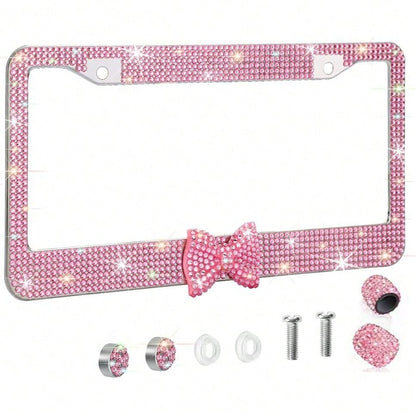 Bling Rhinestone Bowknot Car License Plate Frame, Crystal SUV License Plate Covers, Stainless Steel License Plate Holders