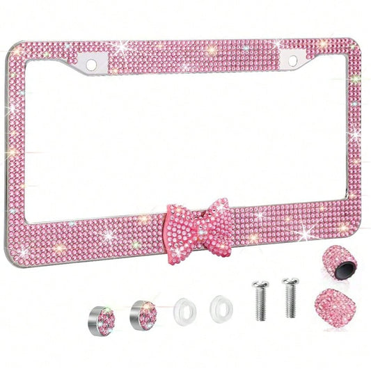 Bling Rhinestone Bowknot Car License Plate Frame, Crystal SUV License Plate Covers, Stainless Steel License Plate Holders