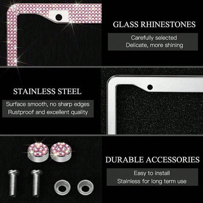 Bling Rhinestone Bowknot Car License Plate Frame, Crystal SUV License Plate Covers, Stainless Steel License Plate Holders
