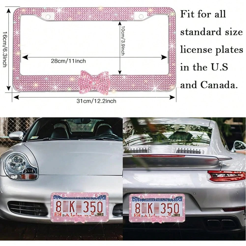 Bling Rhinestone Bowknot Car License Plate Frame, Crystal SUV License Plate Covers, Stainless Steel License Plate Holders