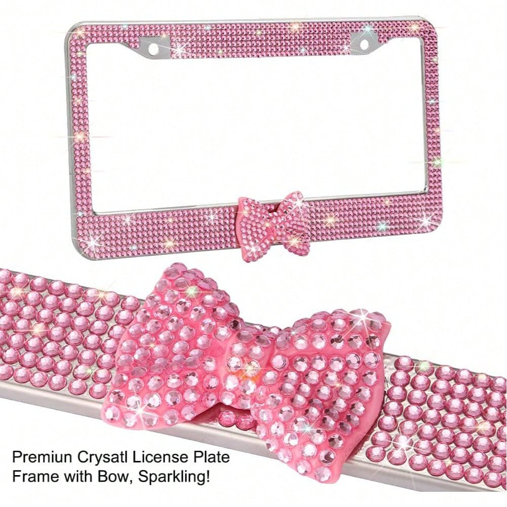 Bling Rhinestone Bowknot Car License Plate Frame, Crystal SUV License Plate Covers, Stainless Steel License Plate Holders