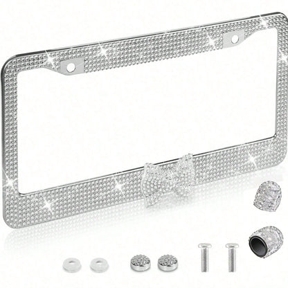 Bling Rhinestone Bowknot Car License Plate Frame, Crystal SUV License Plate Covers, Stainless Steel License Plate Holders