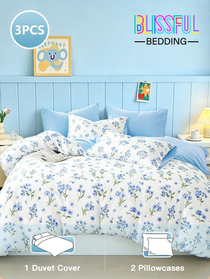 Blissful 3pcs Blue Floral Duvet Cover Set, Fresh And Comfortable Bedding, 1 Duvet Cover + 2 Pillowcases, Made Of Skin-Friendly 100% Polyester Fabric, No Filling In Duvet Cover And Pillowcases, Suitabl