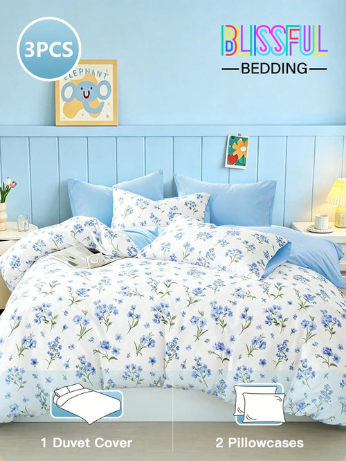 Blissful 3pcs Blue Floral Duvet Cover Set, Fresh And Comfortable Bedding, 1 Duvet Cover + 2 Pillowcases, Made Of Skin-Friendly 100% Polyester Fabric, No Filling In Duvet Cover And Pillowcases, Suitabl