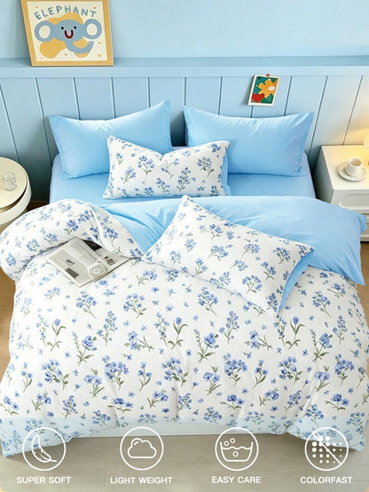 Blissful 3pcs Blue Floral Duvet Cover Set, Fresh And Comfortable Bedding, 1 Duvet Cover + 2 Pillowcases, Made Of Skin-Friendly 100% Polyester Fabric, No Filling In Duvet Cover And Pillowcases, Suitabl