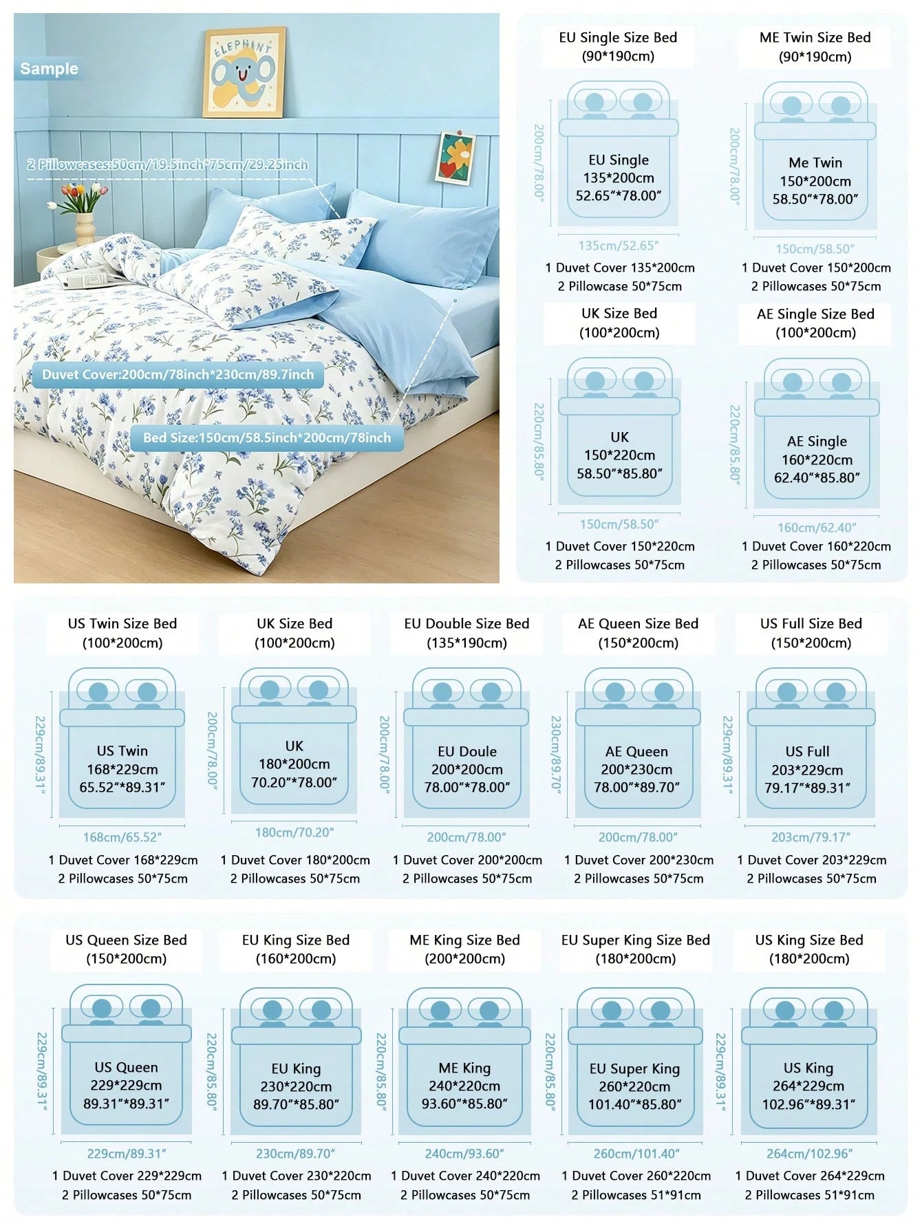 Blissful 3pcs Blue Floral Duvet Cover Set, Fresh And Comfortable Bedding, 1 Duvet Cover + 2 Pillowcases, Made Of Skin-Friendly 100% Polyester Fabric, No Filling In Duvet Cover And Pillowcases, Suitabl