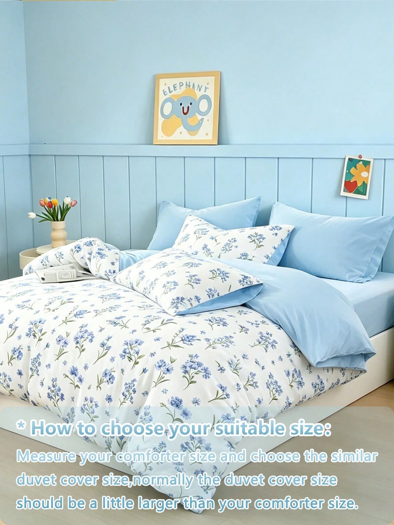 Blissful 3pcs Blue Floral Duvet Cover Set, Fresh And Comfortable Bedding, 1 Duvet Cover + 2 Pillowcases, Made Of Skin-Friendly 100% Polyester Fabric, No Filling In Duvet Cover And Pillowcases, Suitabl