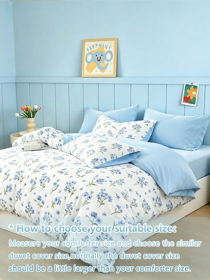 Blissful 3pcs Blue Floral Duvet Cover Set, Fresh And Comfortable Bedding, 1 Duvet Cover + 2 Pillowcases, Made Of Skin-Friendly 100% Polyester Fabric, No Filling In Duvet Cover And Pillowcases, Suitabl