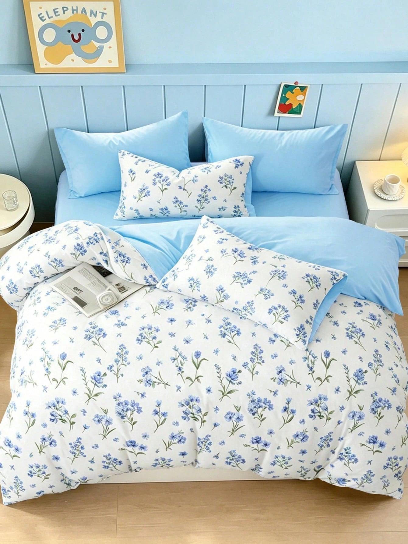 Blissful 3pcs Blue Floral Duvet Cover Set, Fresh And Comfortable Bedding, 1 Duvet Cover + 2 Pillowcases, Made Of Skin-Friendly 100% Polyester Fabric, No Filling In Duvet Cover And Pillowcases, Suitabl