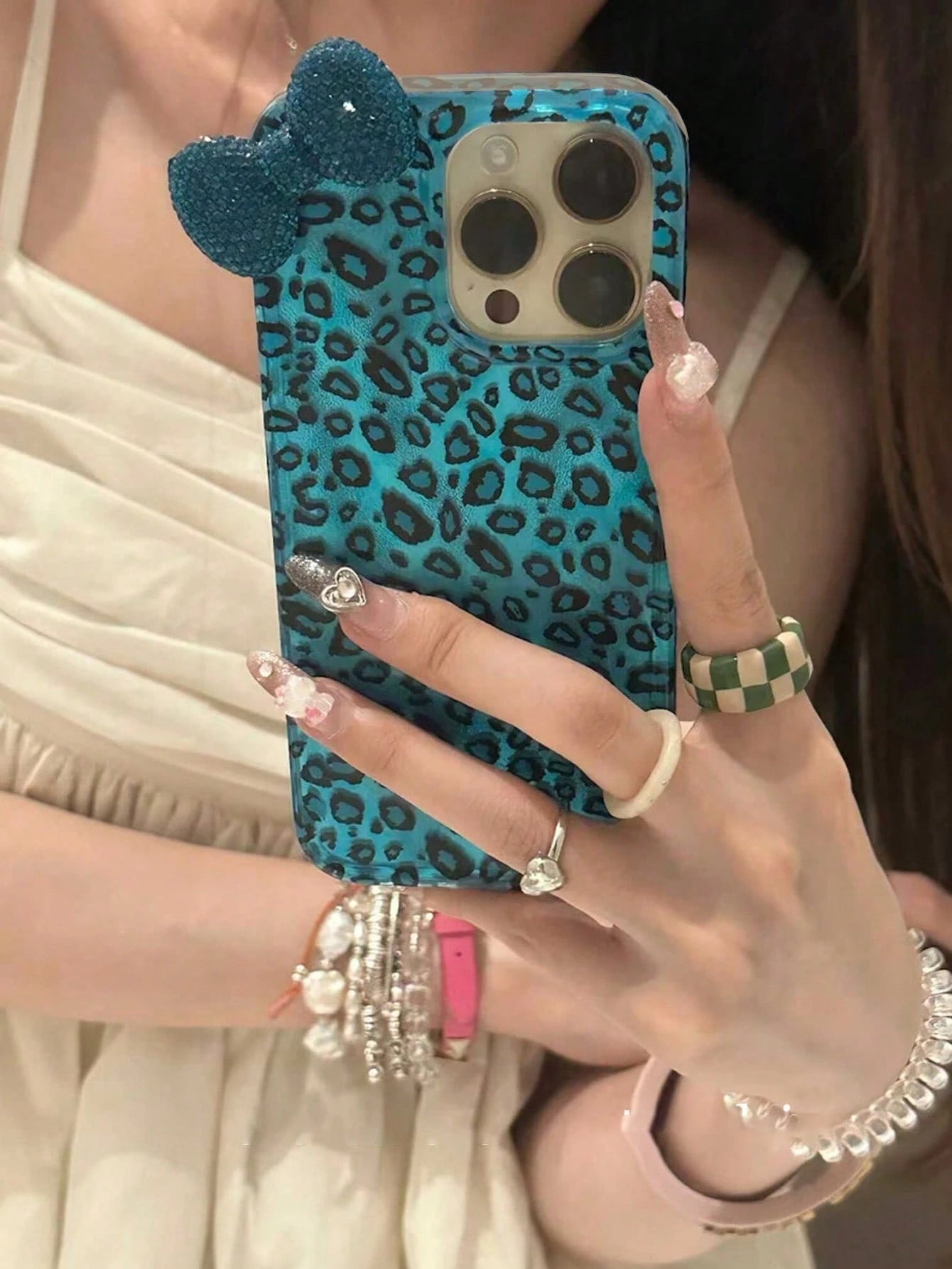 Blue Leopard Print Blue Bow Element Fashion Phone Case 3D Rhinestone Bow Leopard Print Phone Case, Compatible With 17 Pro Max, 17 Pro, 17 Air, 17, 16, 15, 14, 13, 12 Pro Max, 11, Fashionable Shock-Res