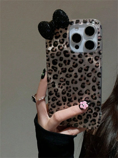 Blue Leopard Print Blue Bow Element Fashion Phone Case 3D Rhinestone Bow Leopard Print Phone Case, Compatible With 17 Pro Max, 17 Pro, 17 Air, 17, 16, 15, 14, 13, 12 Pro Max, 11, Fashionable Shock-Res