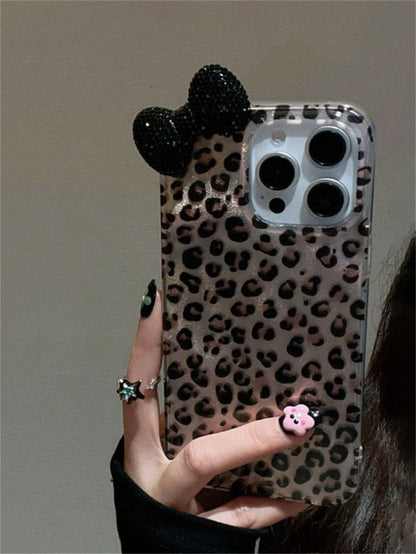 Blue Leopard Print Blue Bow Element Fashion Phone Case 3D Rhinestone Bow Leopard Print Phone Case, Compatible With 17 Pro Max, 17 Pro, 17 Air, 17, 16, 15, 14, 13, 12 Pro Max, 11, Fashionable Shock-Res