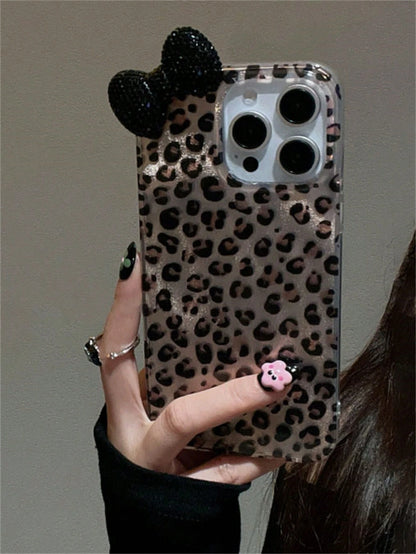 Blue Leopard Print Blue Bow Element Fashion Phone Case 3D Rhinestone Bow Leopard Print Phone Case, Compatible With 17 Pro Max, 17 Pro, 17 Air, 17, 16, 15, 14, 13, 12 Pro Max, 11, Fashionable Shock-Res