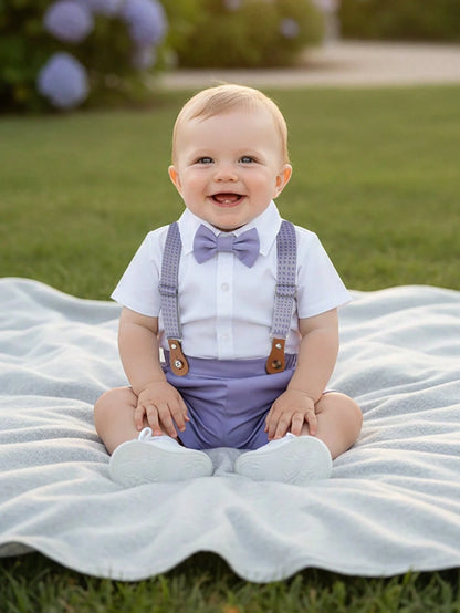 BOARNSEORL 2pcs Baby Boys Gentleman Outfit, Shirt With Bow Tie And Purple Suspender Pants, Fashionable & Cute For Birthday Party, Wedding, Christening