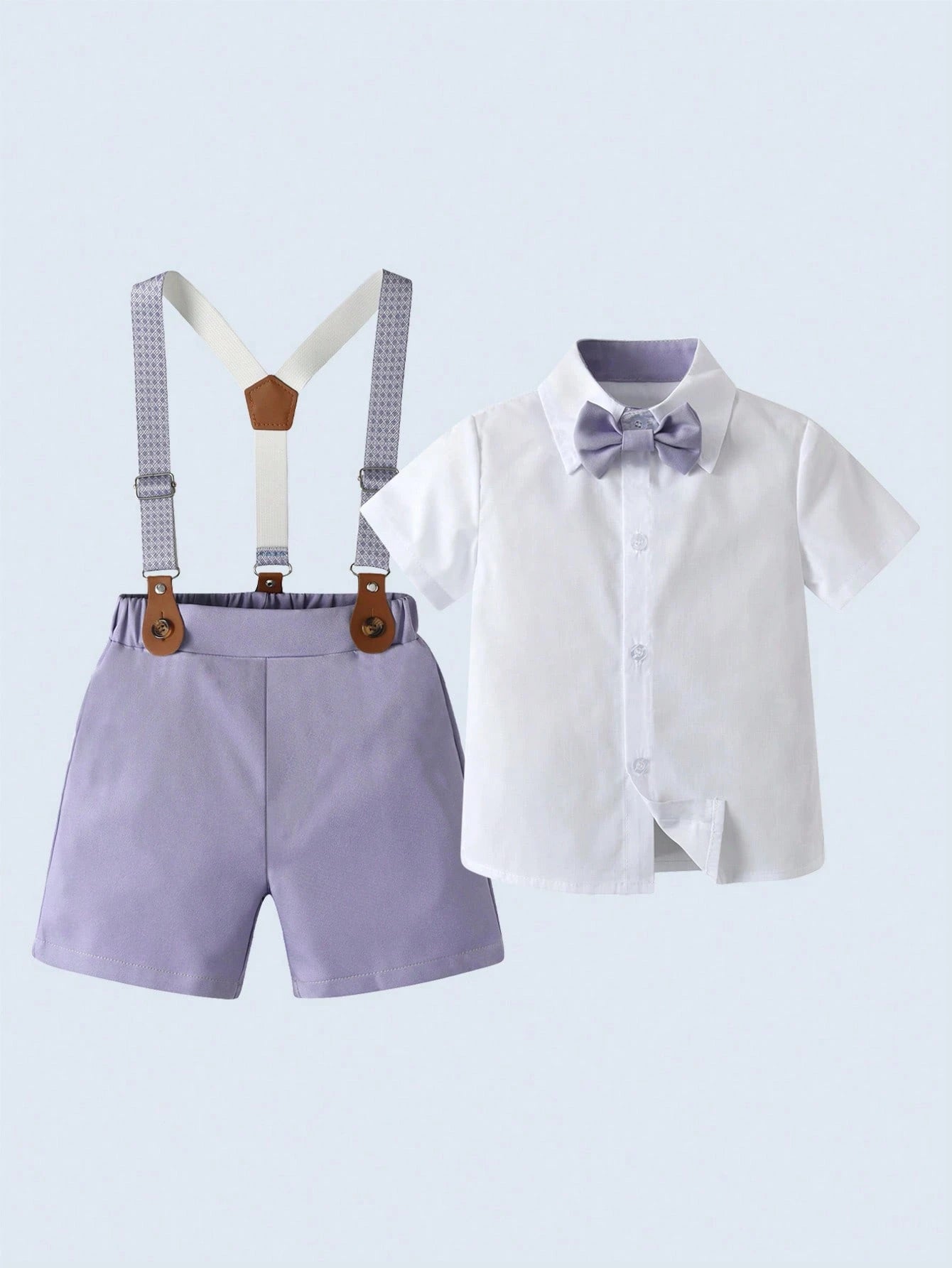 BOARNSEORL 2pcs Baby Boys Gentleman Outfit, Shirt With Bow Tie And Purple Suspender Pants, Fashionable & Cute For Birthday Party, Wedding, Christening