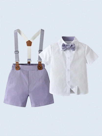 BOARNSEORL 2pcs Baby Boys Gentleman Outfit, Shirt With Bow Tie And Purple Suspender Pants, Fashionable & Cute For Birthday Party, Wedding, Christening