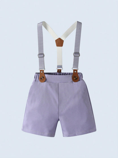 BOARNSEORL 2pcs Baby Boys Gentleman Outfit, Shirt With Bow Tie And Purple Suspender Pants, Fashionable & Cute For Birthday Party, Wedding, Christening