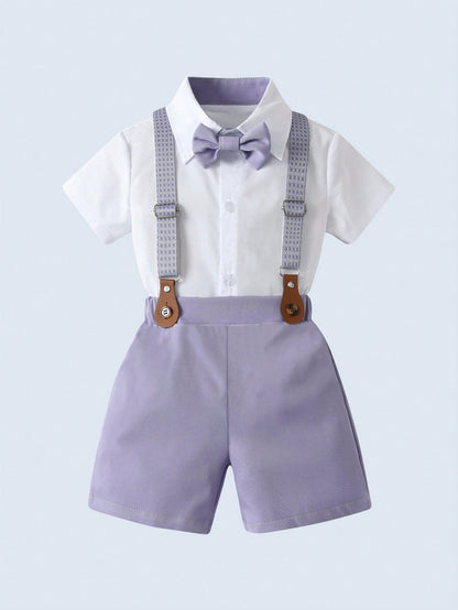 BOARNSEORL 2pcs Baby Boys Gentleman Outfit, Shirt With Bow Tie And Purple Suspender Pants, Fashionable & Cute For Birthday Party, Wedding, Christening