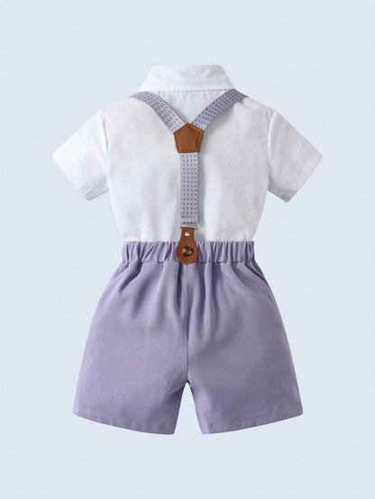 BOARNSEORL 2pcs Baby Boys Gentleman Outfit, Shirt With Bow Tie And Purple Suspender Pants, Fashionable & Cute For Birthday Party, Wedding, Christening