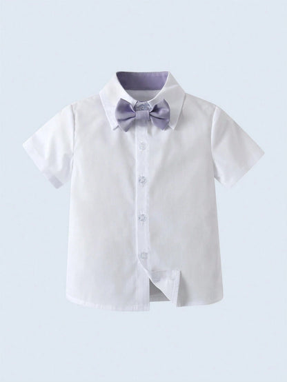 BOARNSEORL 2pcs Baby Boys Gentleman Outfit, Shirt With Bow Tie And Purple Suspender Pants, Fashionable & Cute For Birthday Party, Wedding, Christening
