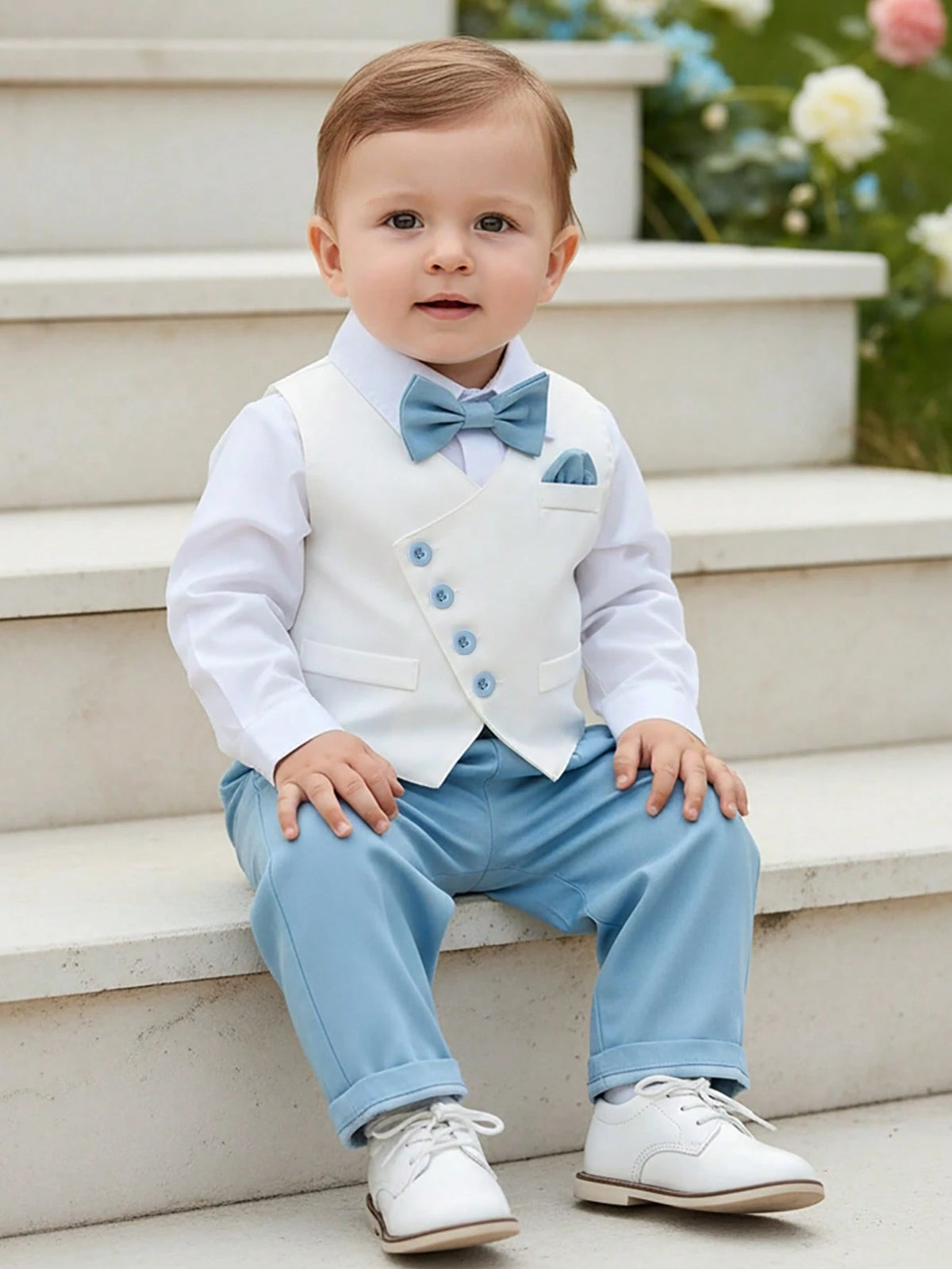 BOARNSEORL 3pcs Baby Boys Gentleman Outfit Set- White Shirt With Bowknot, Vest And Pants, Fashionable And Stylish For Birthday Party, Wedding, Christening, Anniversary