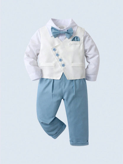 BOARNSEORL 3pcs Baby Boys Gentleman Outfit Set- White Shirt With Bowknot, Vest And Pants, Fashionable And Stylish For Birthday Party, Wedding, Christening, Anniversary