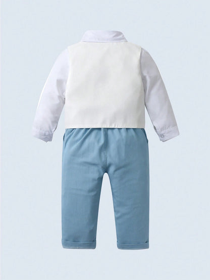 BOARNSEORL 3pcs Baby Boys Gentleman Outfit Set- White Shirt With Bowknot, Vest And Pants, Fashionable And Stylish For Birthday Party, Wedding, Christening, Anniversary