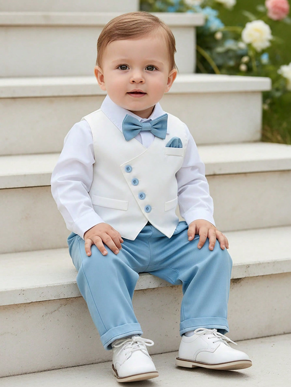 BOARNSEORL 3pcs Baby Boys Gentleman Outfit Set- White Shirt With Bowknot, Vest And Pants, Fashionable And Stylish For Birthday Party, Wedding, Christening, Anniversary