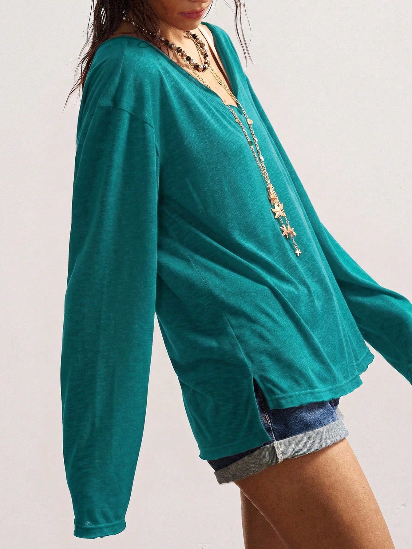 Bohemela Autumn/Winter Boho Casual Solid Color Knit V-Neck Long Sleeve Loose Women's T-Shirt Everyday Light Teal