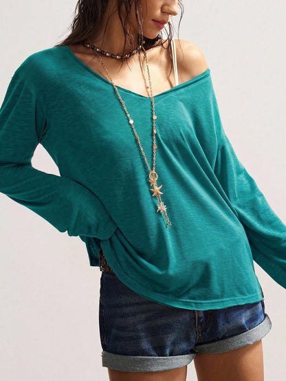 Bohemela Autumn/Winter Boho Casual Solid Color Knit V-Neck Long Sleeve Loose Women's T-Shirt Everyday Light Teal