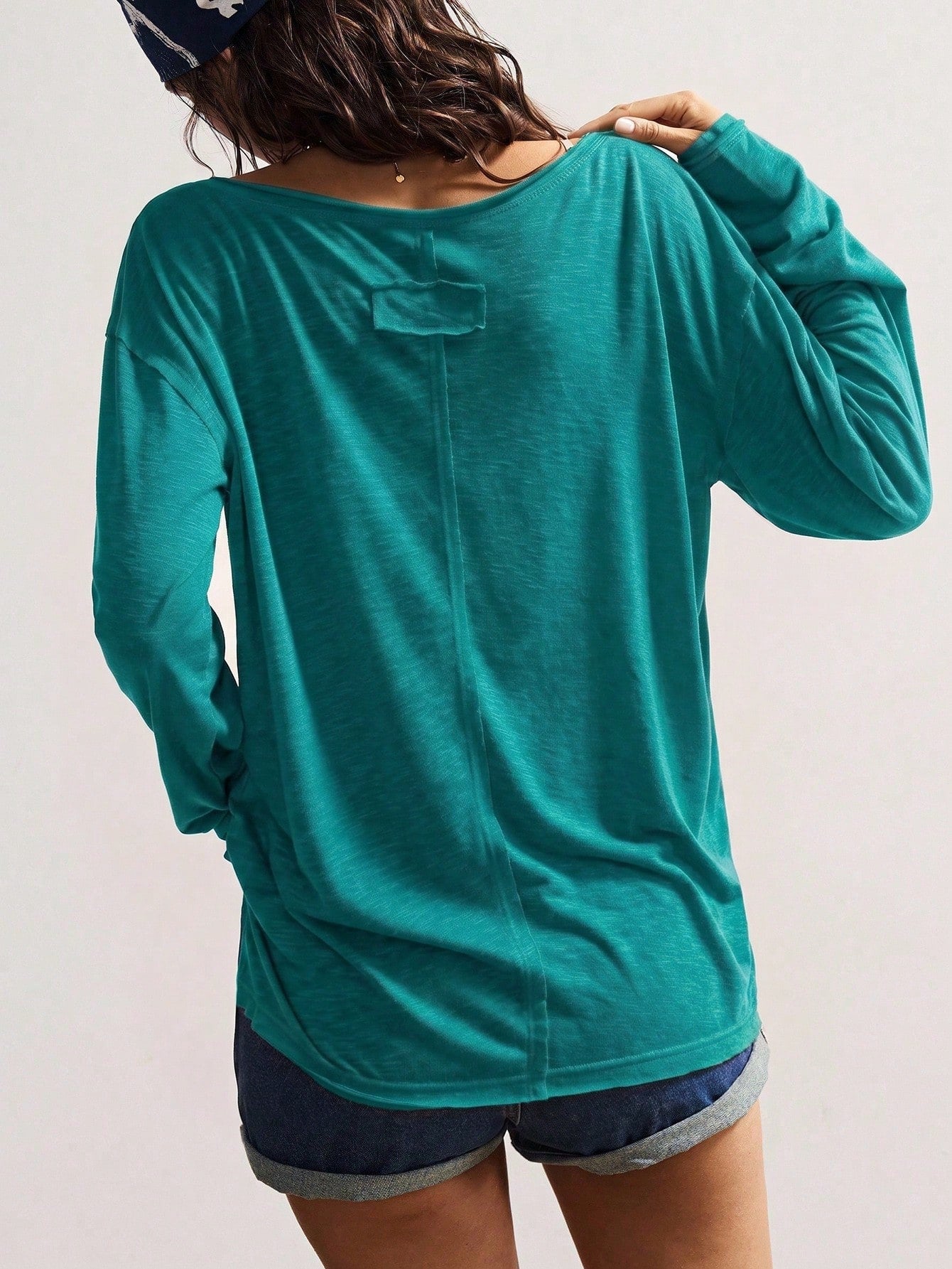 Bohemela Autumn/Winter Boho Casual Solid Color Knit V-Neck Long Sleeve Loose Women's T-Shirt Everyday Light Teal