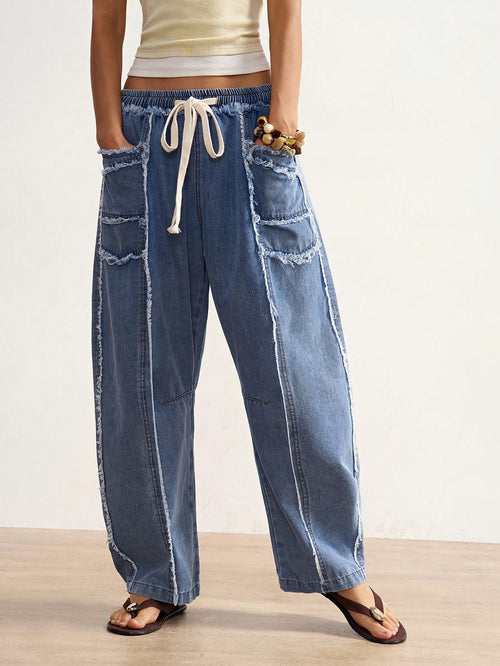 Bohemela BOHO Women's Autumn Blue White Striped Denim Pants Vintage Washed Distressed Frayed Raw-Hem Casual Solid Woven Pants For Vacation Y2K Music Festivals