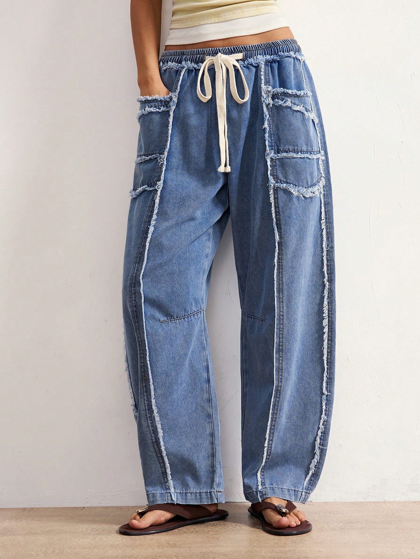 Bohemela BOHO Women's Autumn Blue White Striped Denim Pants Vintage Washed Distressed Frayed Raw-Hem Casual Solid Woven Pants For Vacation Y2K Music Festivals
