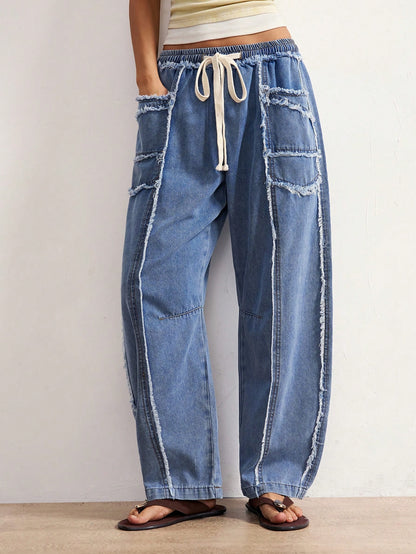 Bohemela BOHO Women's Autumn Blue White Striped Denim Pants Vintage Washed Distressed Frayed Raw-Hem Casual Solid Woven Pants For Vacation Y2K Music Festivals