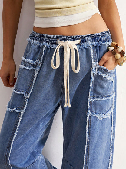 Bohemela BOHO Women's Autumn Blue White Striped Denim Pants Vintage Washed Distressed Frayed Raw-Hem Casual Solid Woven Pants For Vacation Y2K Music Festivals