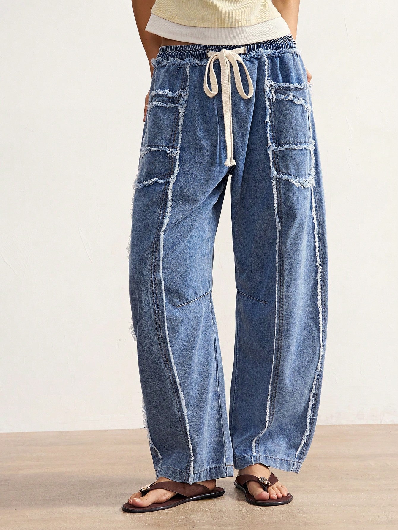 Bohemela BOHO Women's Autumn Blue White Striped Denim Pants Vintage Washed Distressed Frayed Raw-Hem Casual Solid Woven Pants For Vacation Y2K Music Festivals