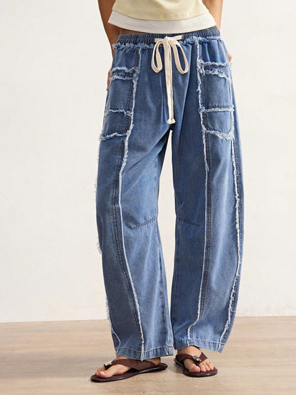 Bohemela BOHO Women's Autumn Blue White Striped Denim Pants Vintage Washed Distressed Frayed Raw-Hem Casual Solid Woven Pants For Vacation Y2K Music Festivals